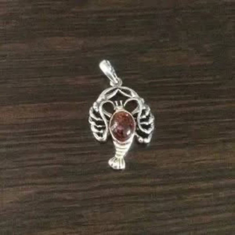 Sterling Silver Lobster Pendant with Amber Stone